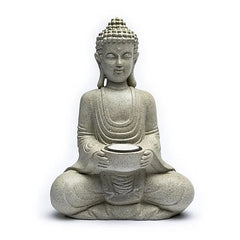 Meditations Buddha med lysestage grå farve