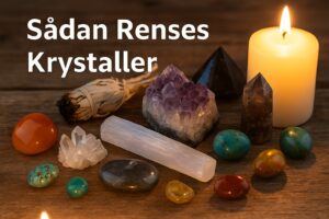 rens krystaller med røgelse, lys og fuldmåne