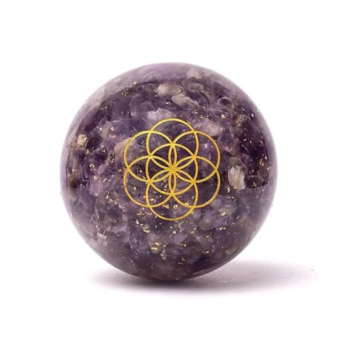 Orgonite kugle med ametyst & Livets Frø | 7 cm